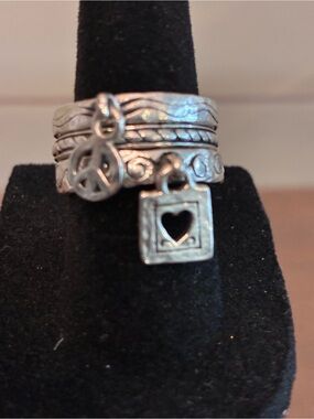 Brighton Silver-Tone Stackable Ring with Heart & Peace Charms - Retired